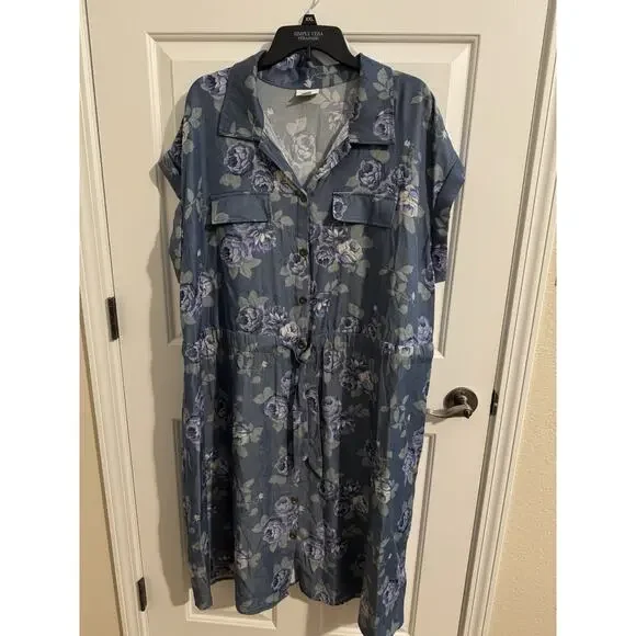 Lularoe New Stacie Shirt Dress Drawstring Button Up Pockets Blue Floral Plus 2XL - Picture 3 of 11